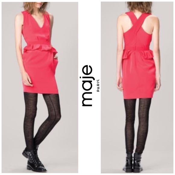 NWT Maje Paris Framboise Red Peplum Sheath Dress - Picture 3 of 15